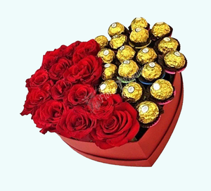 12 Rosas en Caja Corazn + Bombones Ferrero Rocher 